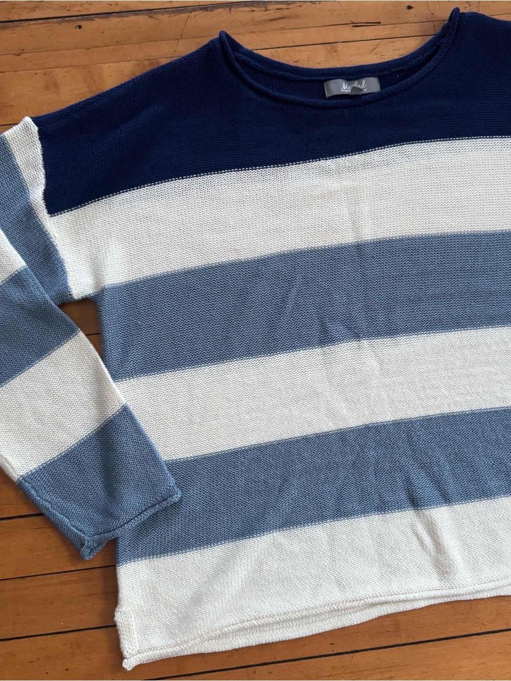 marled reunited clothing blue white striped sweater nautical loose lightweight